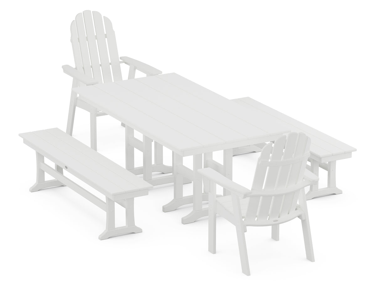 POLYWOOD Vineyard Curveback Adirondack 5-Piece Farmhouse Dining Set with Benches in White