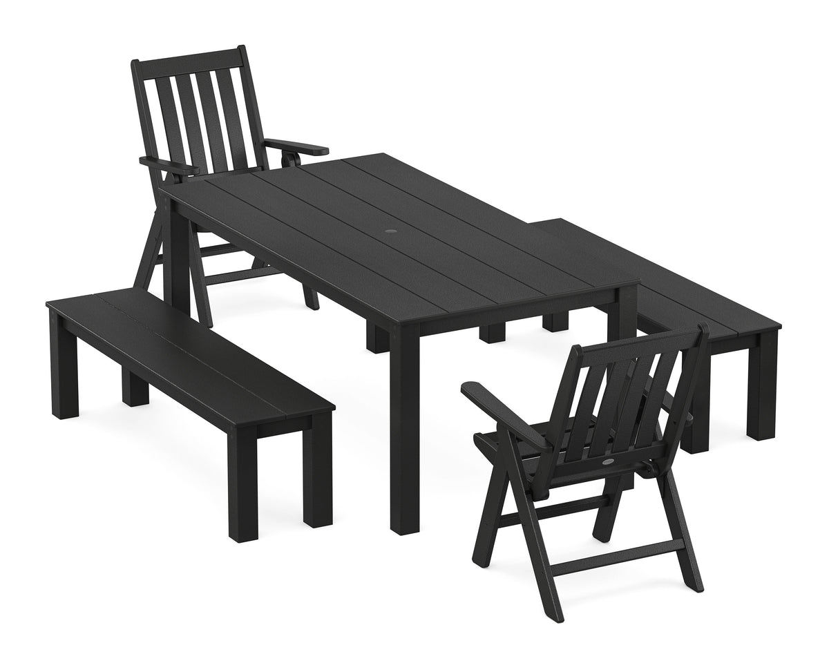 POLYWOOD Vineyard Folding Chair 5-Piece Parsons Dining Set with Benches in Black