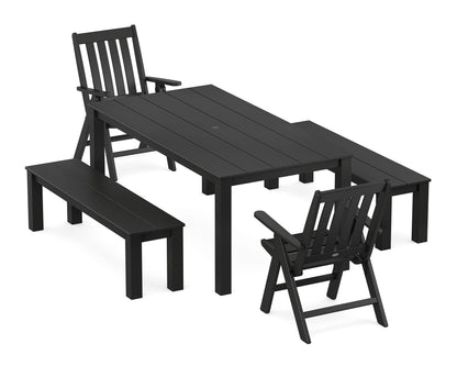 POLYWOOD Vineyard Folding Chair 5-Piece Parsons Dining Set with Benches in Black