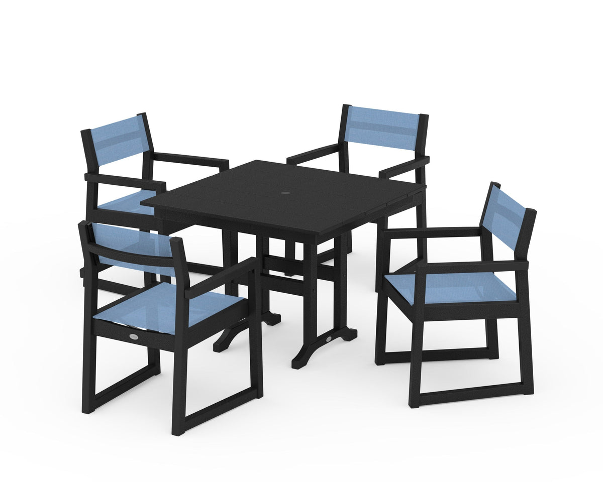 POLYWOOD EDGE Sling Arm Chair 5-Piece Farmhouse Dining Set in Black / Poolside