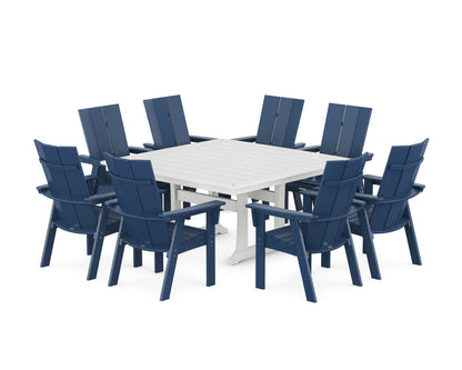 POLYWOOD Modern Curveback Adirondack 9-Piece Square Dining Set with Trestle Legs in Navy / White