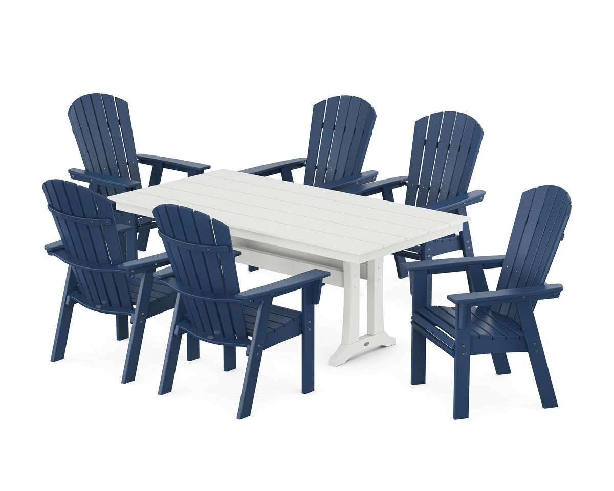 POLYWOOD Nautical Curveback Adirondack 7-Piece Farmhouse Dining Set with Trestle Legs in Navy / White