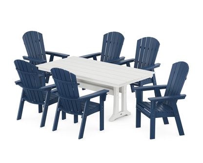 POLYWOOD Nautical Curveback Adirondack 7-Piece Farmhouse Dining Set with Trestle Legs in Navy / White