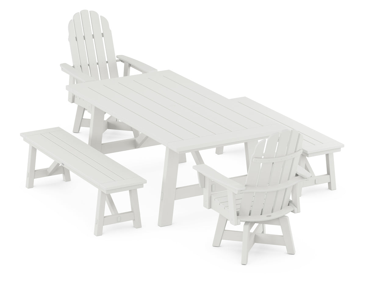 POLYWOOD Vineyard Curveback Adirondack Swivel Chair 5-Piece Rustic Farmhouse Dining Set with Benches in Vintage White