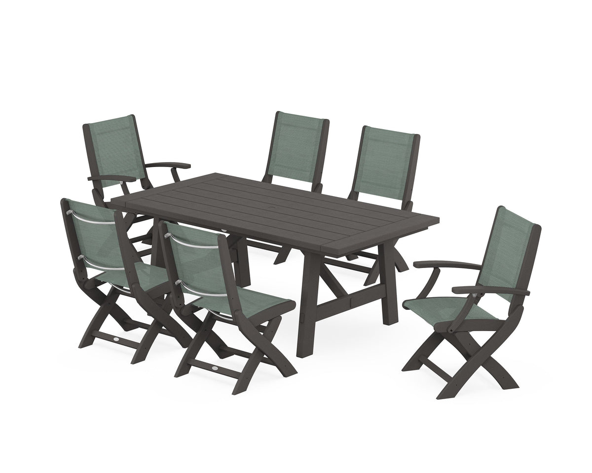 POLYWOOD Coastal Folding Chair 7-Piece Rustic Farmhouse Dining Set in Vintage Coffee / Dupioni Sea Mist