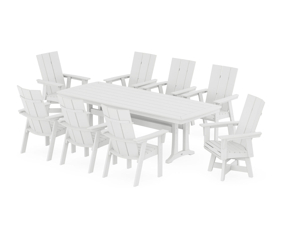 POLYWOOD Modern Curveback Adirondack Swivel 9-Piece Dining Set with Trestle Legs in White