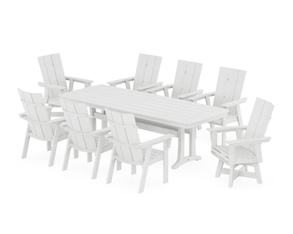POLYWOOD Modern Curveback Adirondack Swivel 9-Piece Dining Set with Trestle Legs in White