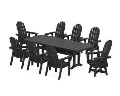 POLYWOOD Vineyard Curveback Adirondack Swivel 9-Piece Dining Set with Trestle Legs in Black