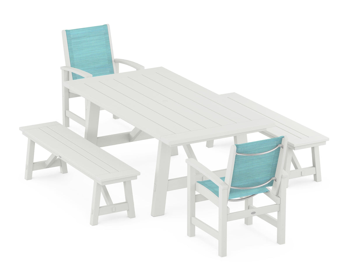 POLYWOOD Coastal 5-Piece Rustic Farmhouse Dining Set With Benches in Vintage White / Dupioni Aquamarine