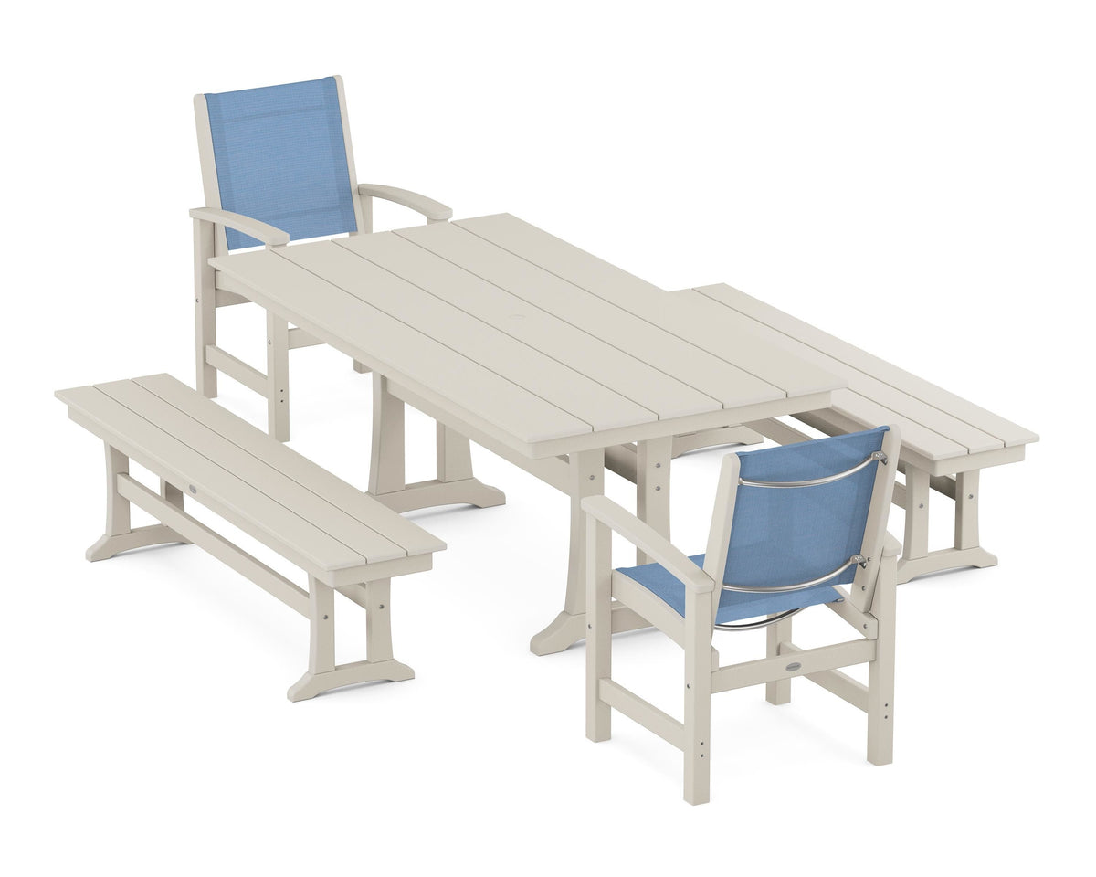 POLYWOOD Coastal 5-Piece Farmhouse Dining Set with Trestle Legs and Benches in Sand / Poolside