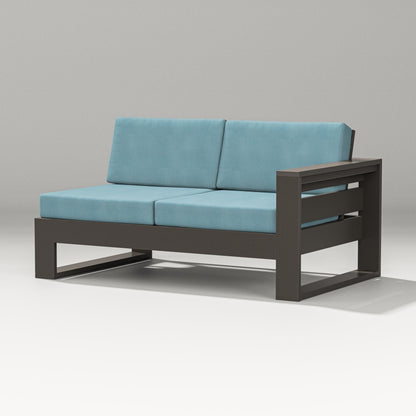 POLYWOOD Latitude Modular Right Arm Loveseat in Vintage Coffee / Lattice Sky Blue