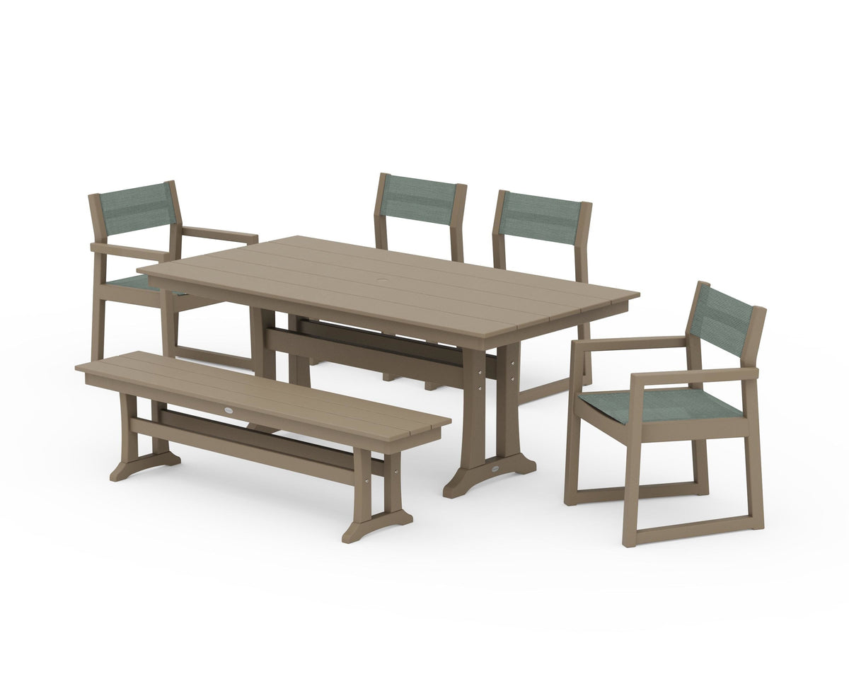 POLYWOOD EDGE Sling 6-Piece Farmhouse Dining Set With Trestle Legs in Vintage Sahara / Dupioni Sea Mist