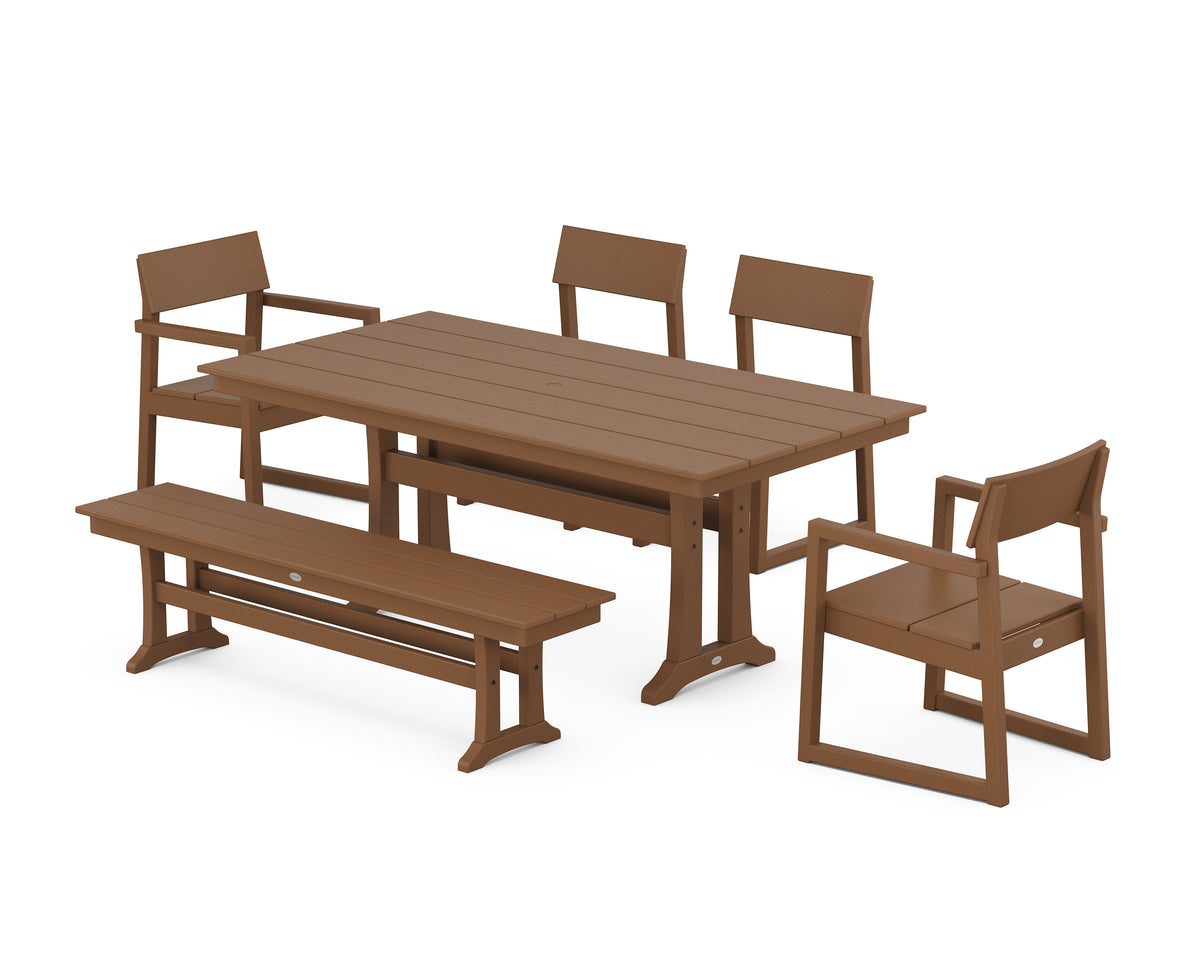 POLYWOOD EDGE 6-Piece Farmhouse Dining Set with Trestle Legs in Teak