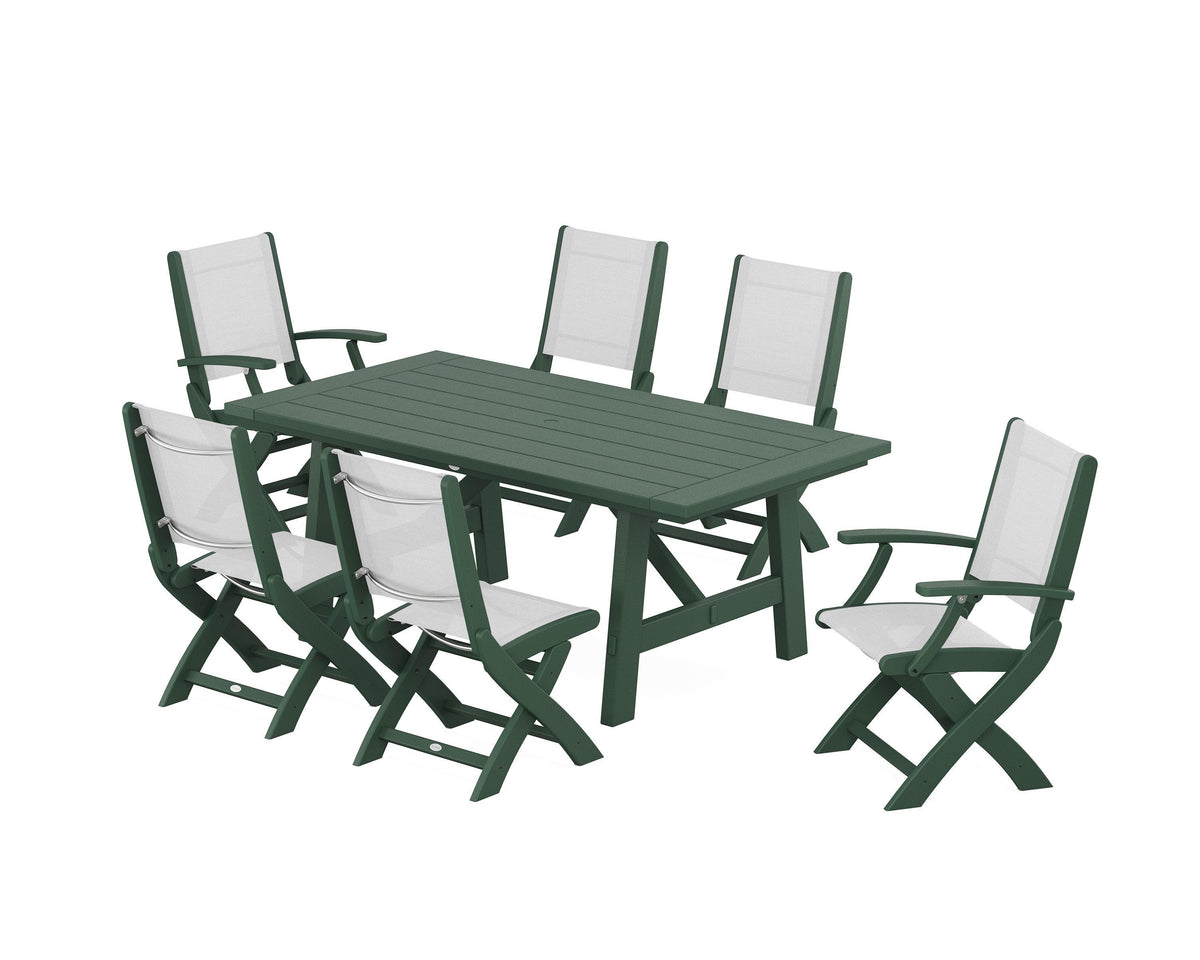 POLYWOOD Coastal Folding Chair 7-Piece Rustic Farmhouse Dining Set in Green / White