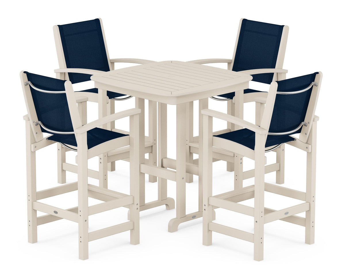POLYWOOD Coastal 5-Piece Bar Set in Sand / Navy Blue