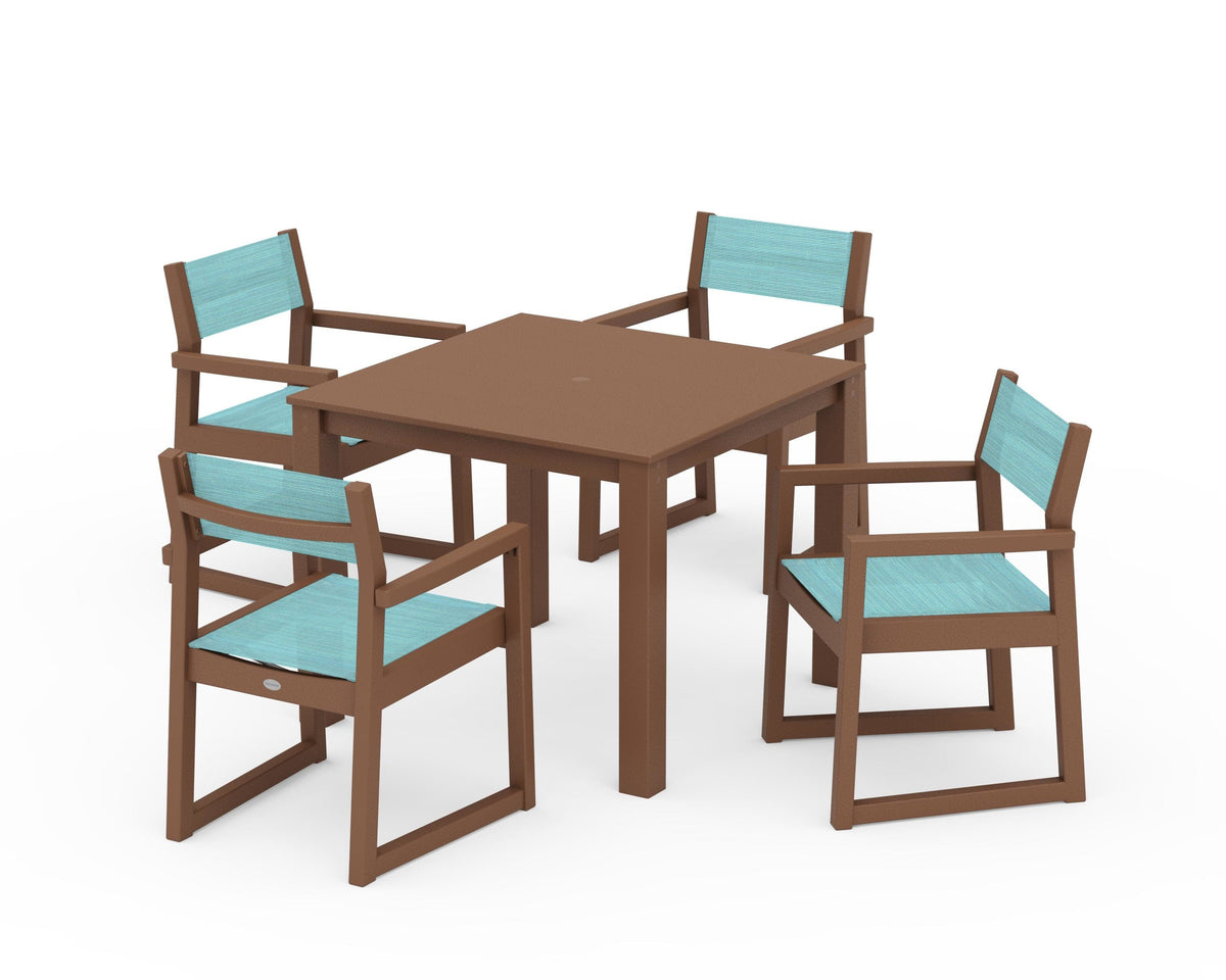 POLYWOOD EDGE Sling Arm Chair 5-Piece Parsons Dining Set in Teak / Dupioni Aquamarine
