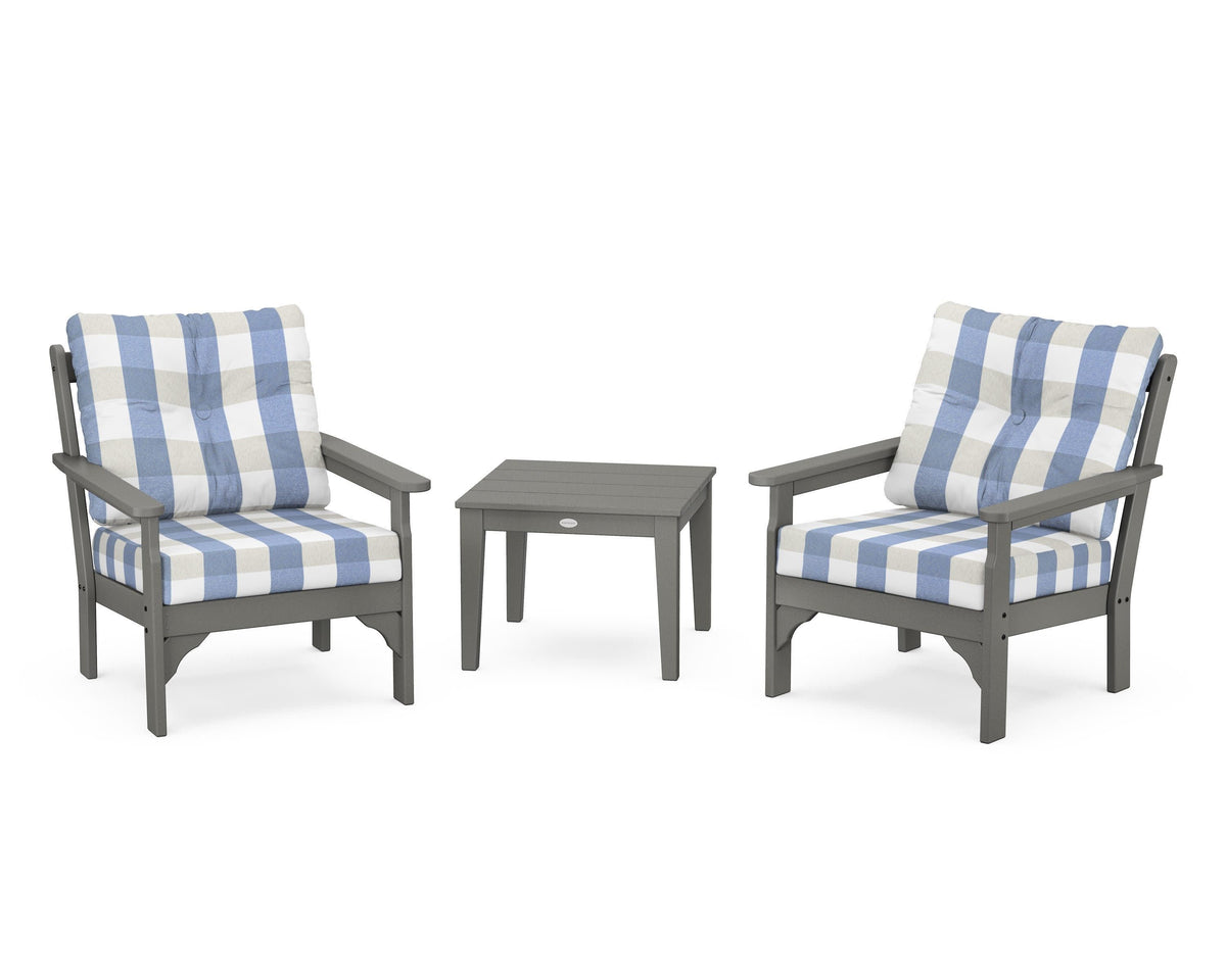 POLYWOOD Vineyard 3-Piece Deep Seating Set in Slate Grey / Buffalo Plaid Sky Blue