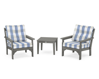 POLYWOOD Vineyard 3-Piece Deep Seating Set in Slate Grey / Buffalo Plaid Sky Blue