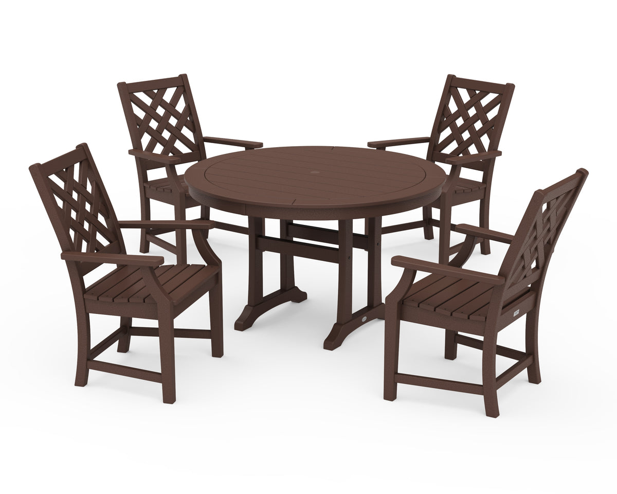 POLYWOOD Wovendale 5-Piece Round Dining Set with Trestle Legs in Mahogany