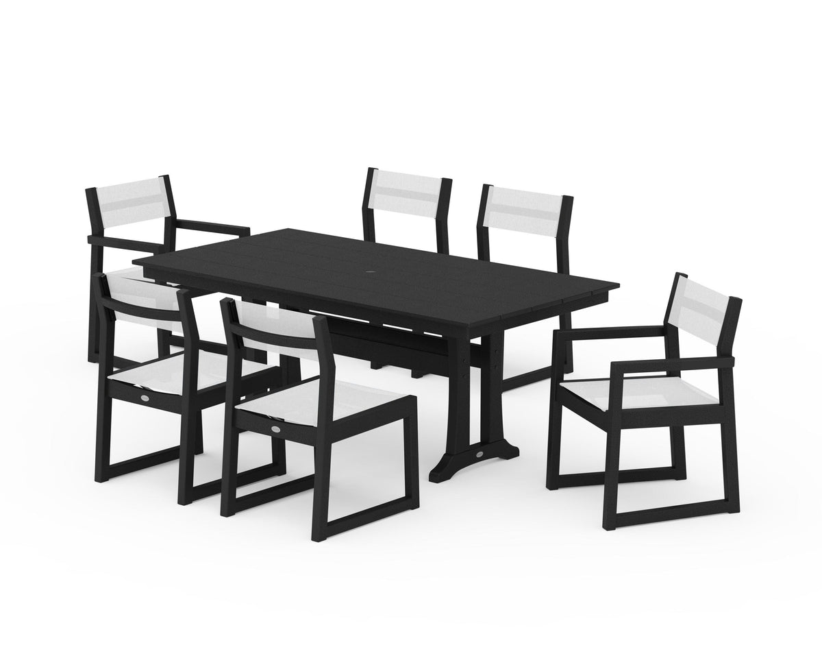 POLYWOOD EDGE Sling 7-Piece Farmhouse Trestle Dining Set in Black / White