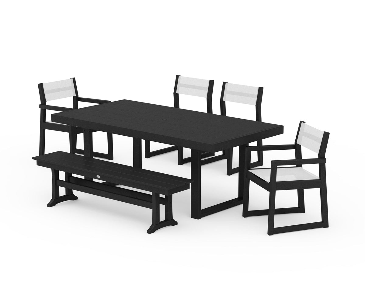 POLYWOOD EDGE Sling 6-Piece Dining Set with Bench in Black / White