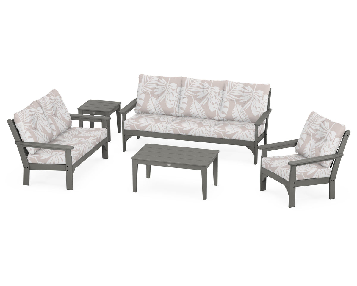 POLYWOOD Vineyard 5-Piece Deep Seating Set with Sofa in Slate Grey / Leaf Dune Burlap