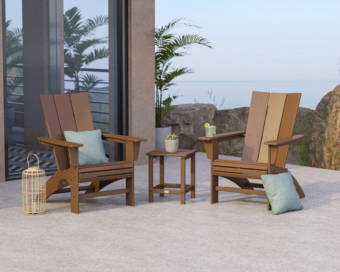 POLYWOOD Modern 3-Piece Curveback Adirondack Set With Long Island 18" Side Table in Teak in an outdoor setting