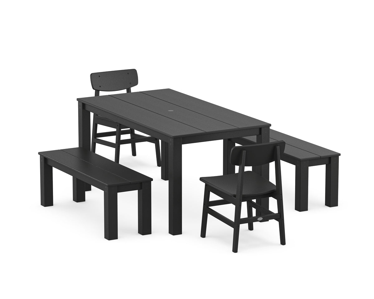 POLYWOOD Modern Studio Urban Chair 5-Piece Parsons Dining Set with Benches - 34" x 64" Table in Black