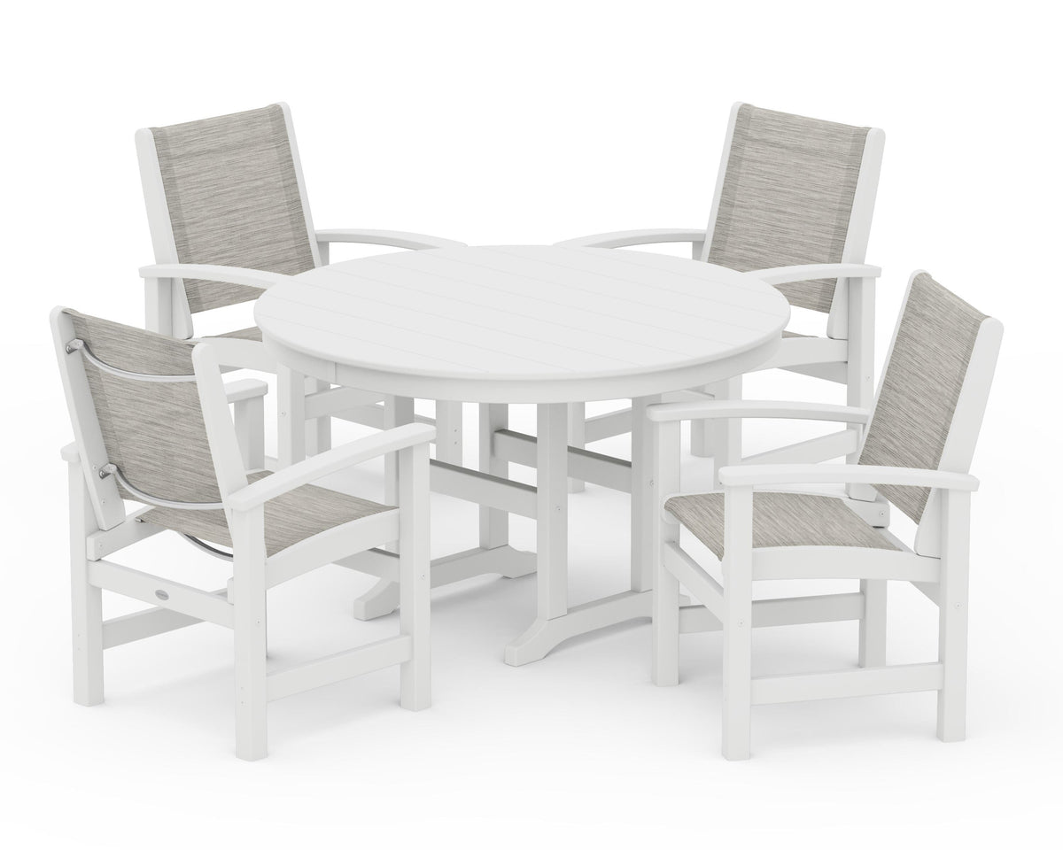 POLYWOOD Coastal 5-Piece Round Farmhouse Dining Set in White / Birch
