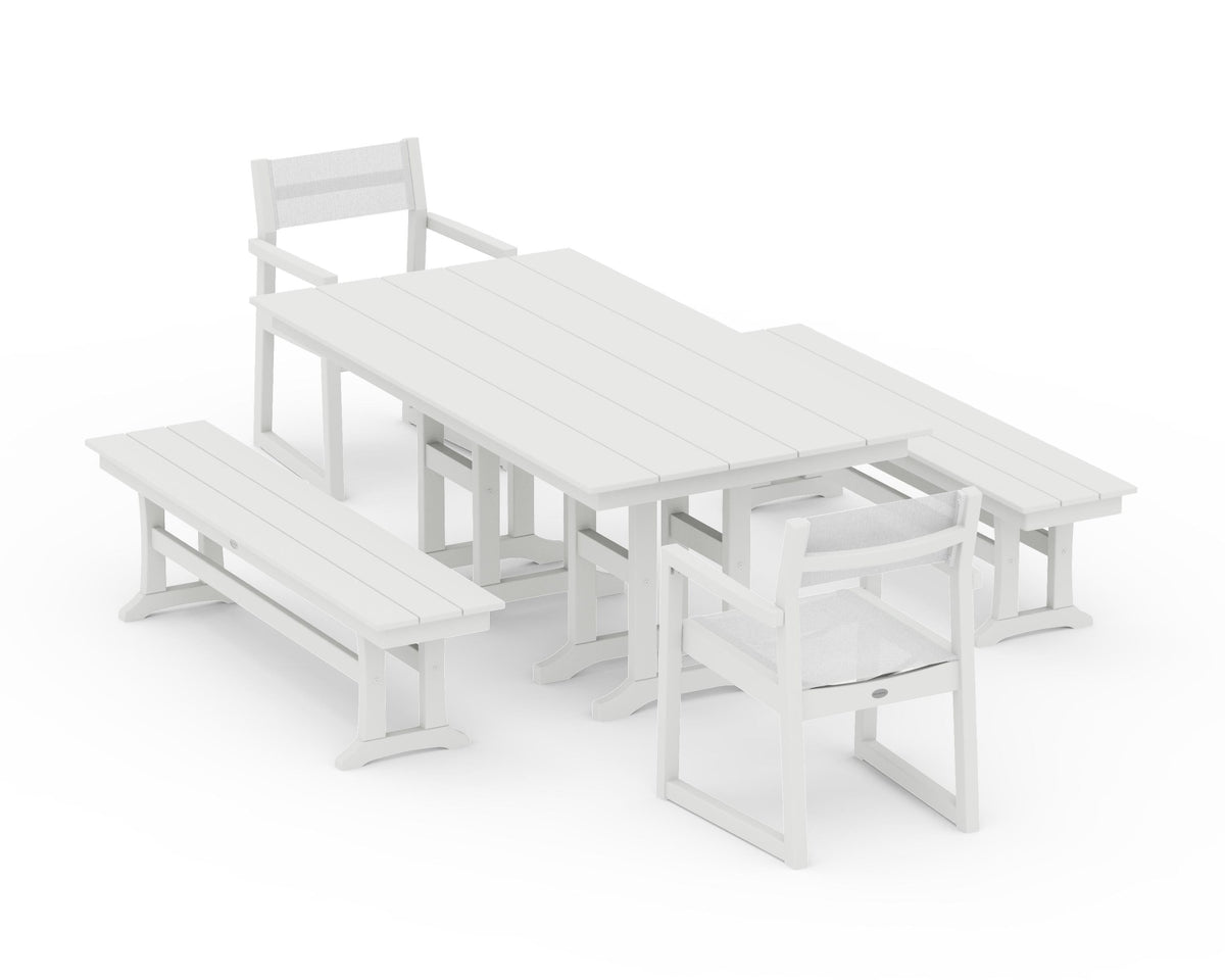 POLYWOOD EDGE Sling Arm Chair 5-Piece Farmhouse Dining Set with Benches in Vintage White / White
