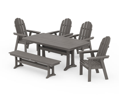 POLYWOOD Vineyard Curveback Adirondack Chair 6-Piece Dining Set with Trestle Legs and Bench in Driftwood