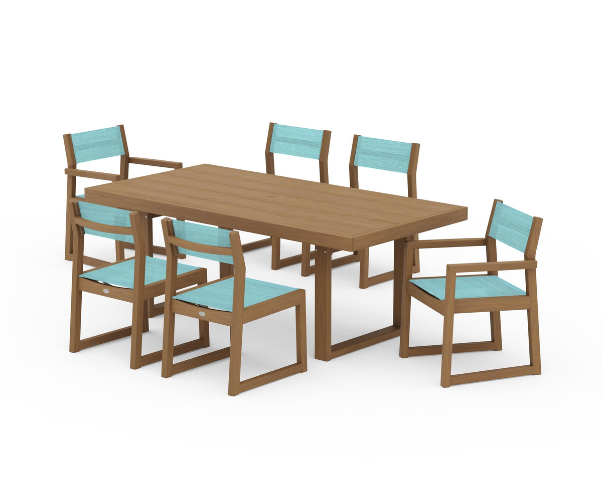 POLYWOOD EDGE Sling 7-Piece Dining Set in Natural / Dupioni Aquamarine