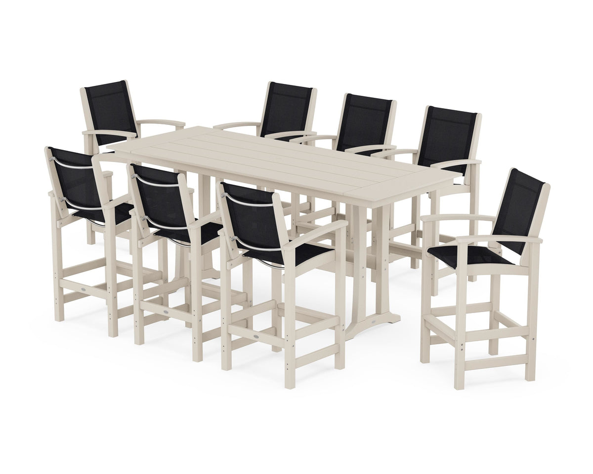 POLYWOOD Coastal 9-Piece Farmhouse Bar Set with Trestle Legs in Sand / Black