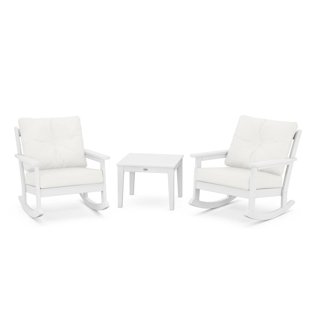 POLYWOOD Vineyard 3-Piece Deep Seating Rocking Chair Set shown with White frame and Natural Linen cushions