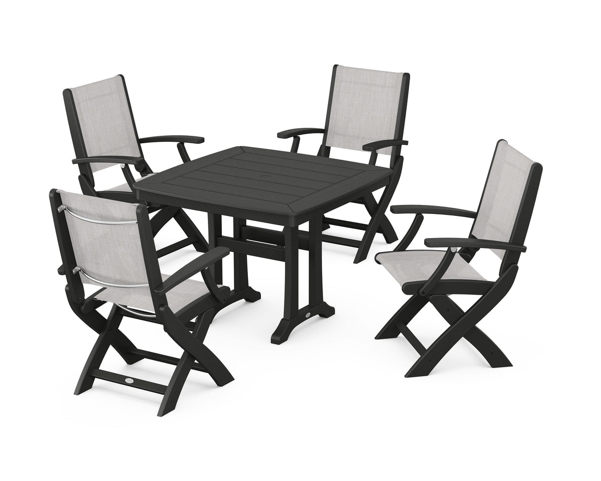 POLYWOOD Coastal Folding Chair 5-Piece Dining Set with Trestle Legs in Black / Parchment