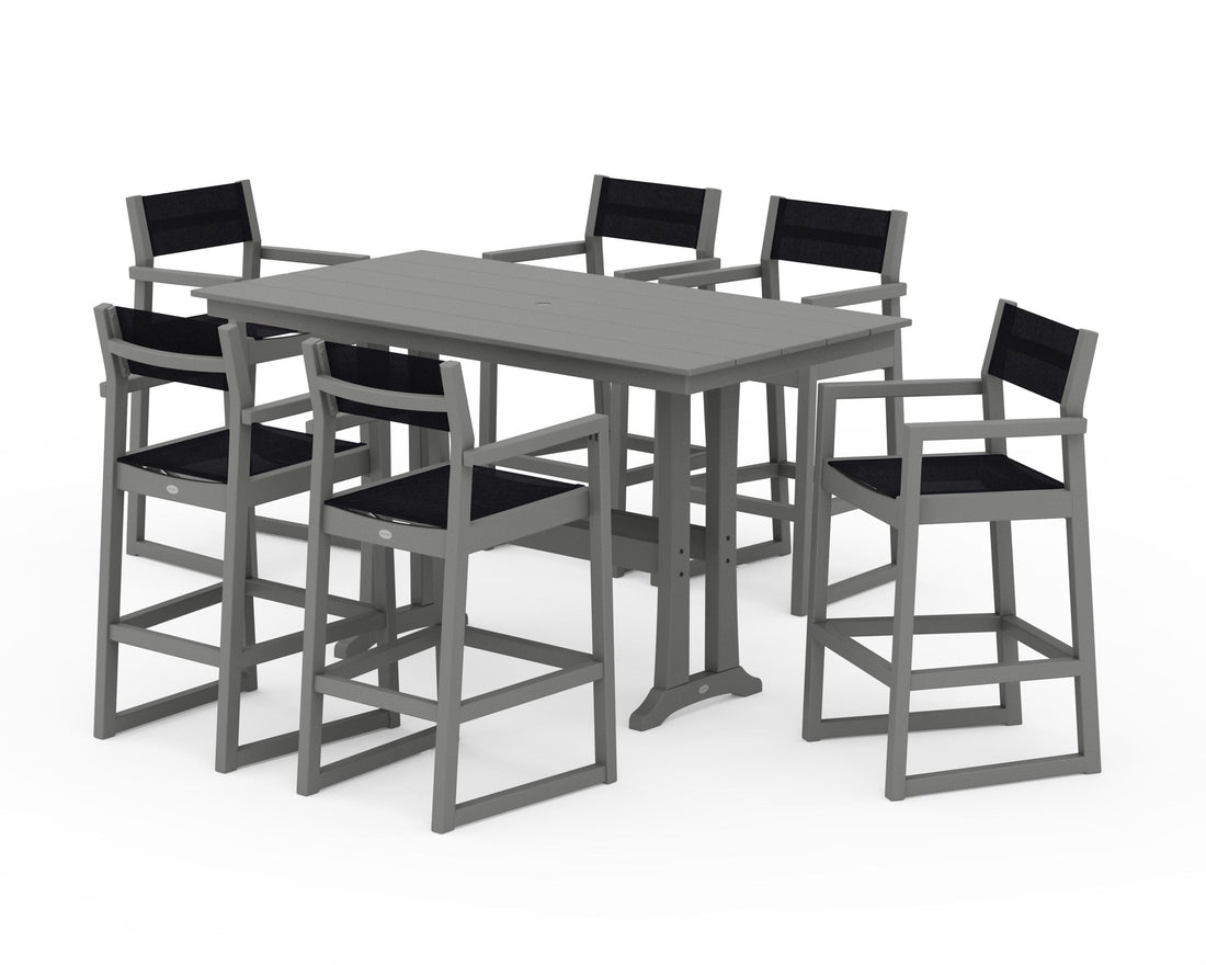 POLYWOOD EDGE Sling Arm Chair 7-Piece Farmhouse Bar Set with Trestle Legs in Slate Grey / Black