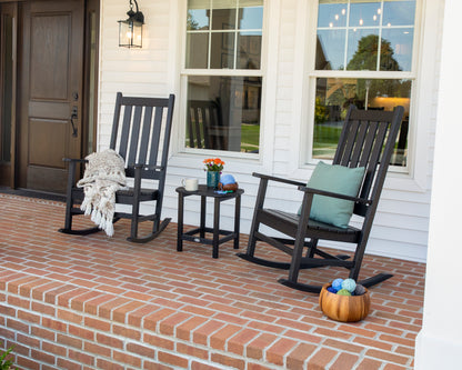 POLYWOOD Vineyard 3-Piece Rocking Chair Set with South Beach 18" Side Table in Black styled outdoors