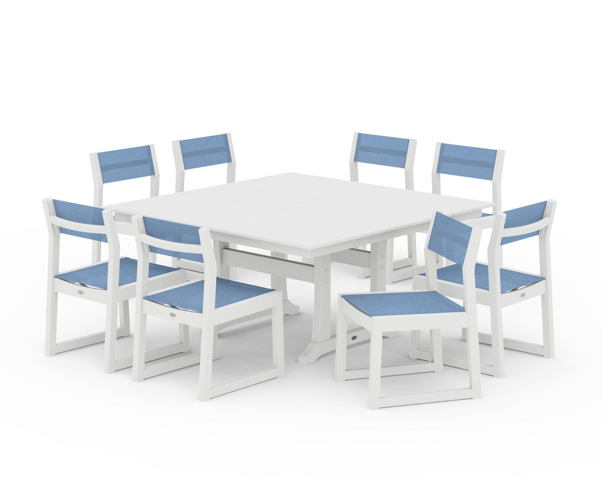 POLYWOOD EDGE Sling Side Chair 9-Piece Farmhouse Trestle Dining Set in White / Poolside
