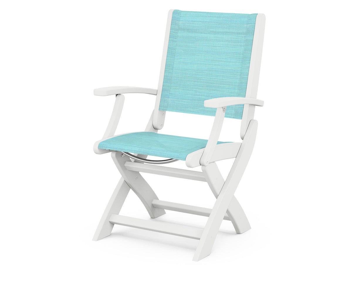 POLYWOOD Coastal Folding Chair in White with White arms and Dupioni Aquamarine sling