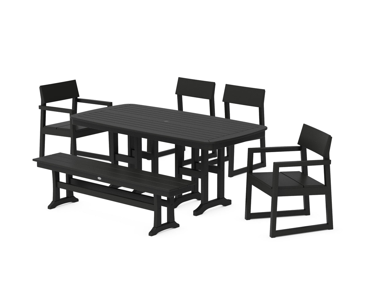 POLYWOOD EDGE 6-Piece Dining Set with Bench (Nautical 37" x 72" Table) in Black