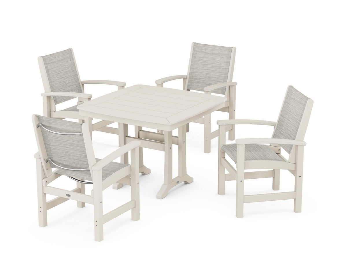 POLYWOOD Coastal 5-Piece Dining Set with Trestle Legs with Nautical Trestle 37" Dining Table in Sand / Birch