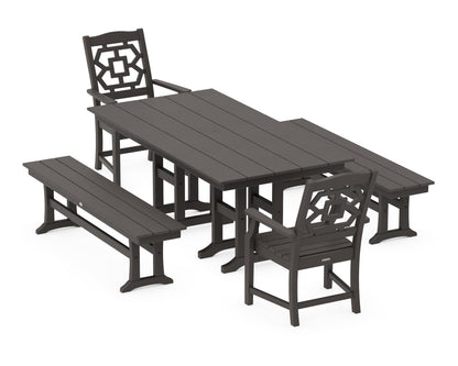 POLYWOOD Chinoiserie 5-Piece Farmhouse Dining Set with Benches in Vintage Coffee