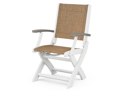 POLYWOOD Coastal Folding Chair in White with Driftwood arms and Burlap sling