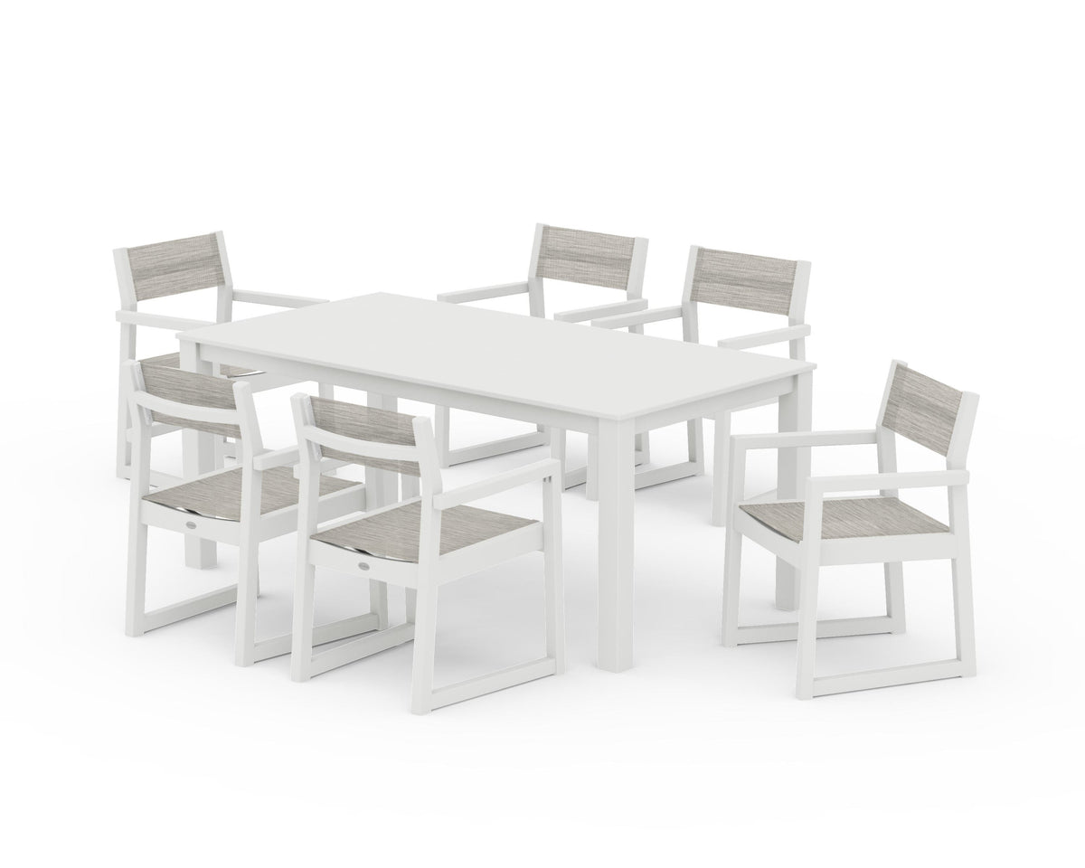 POLYWOOD EDGE Sling Arm Chair 7-Piece Parsons Dining Set in Vintage White / Birch