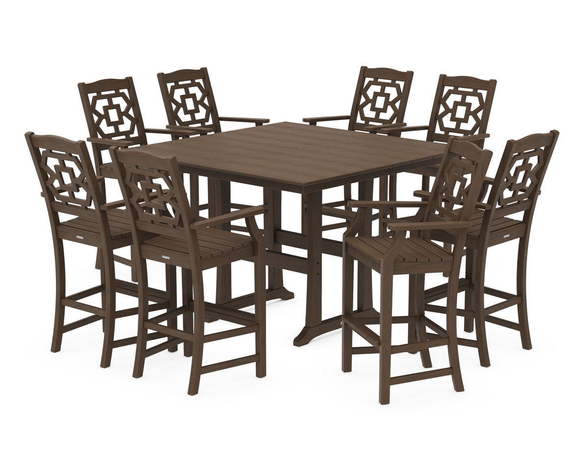 POLYWOOD Chinoiserie 9-Piece Square Farmhouse Side Chair Bar Set with Trestle Legs in Kona