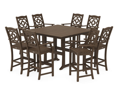 POLYWOOD Chinoiserie 9-Piece Square Farmhouse Side Chair Bar Set with Trestle Legs in Kona
