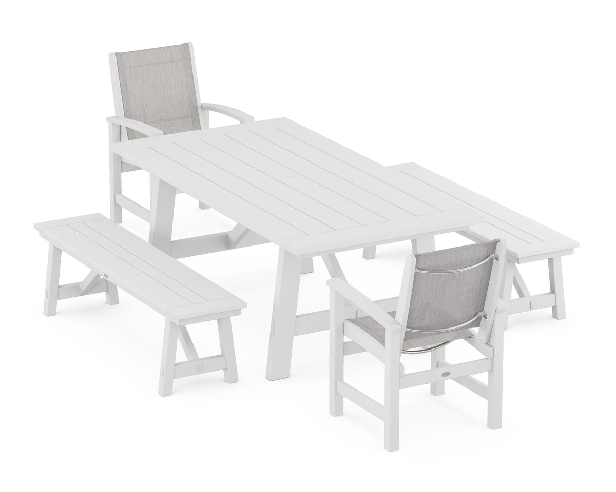 POLYWOOD Coastal 5-Piece Rustic Farmhouse Dining Set With Benches in White / Parchment
