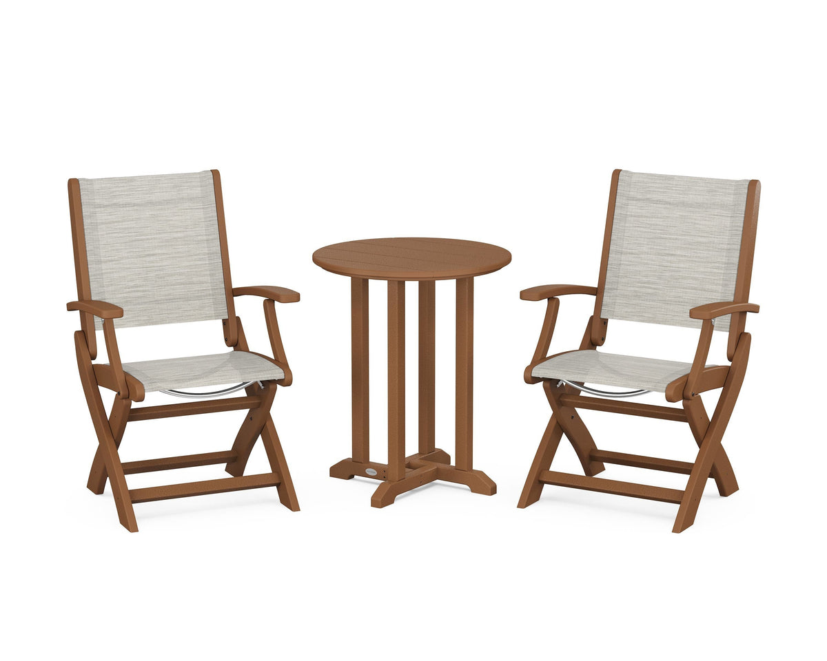 POLYWOOD Coastal Folding 3-Piece Round Bistro Dining Set in Teak / Birch