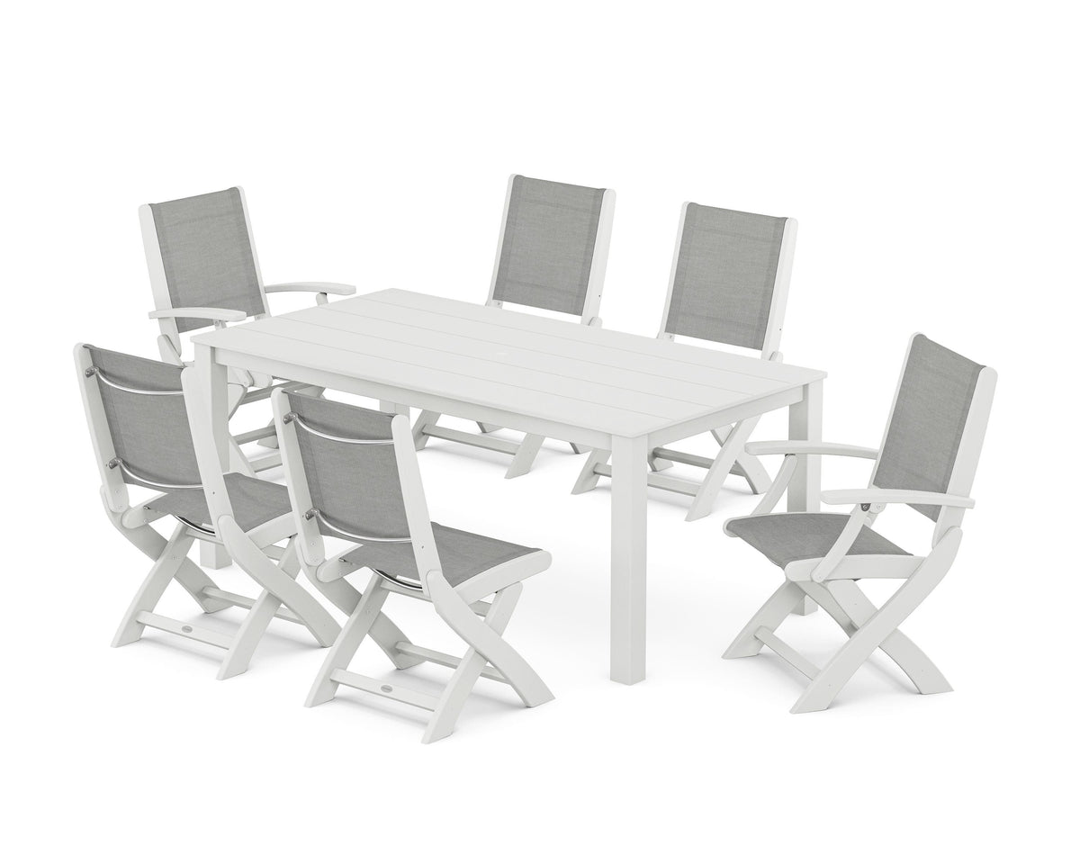 POLYWOOD Coastal Folding Chair 7-Piece Parsons Dining Set with Coastal Folding Side Chair in White / Metallic