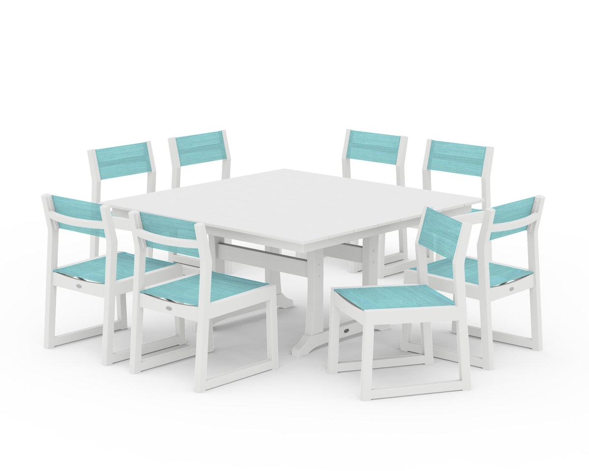 POLYWOOD EDGE Sling Side Chair 9-Piece Farmhouse Trestle Dining Set in White / Dupioni Aquamarine
